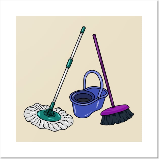 Broom & mop cartoon illustration Wall Art by Miss Cartoon